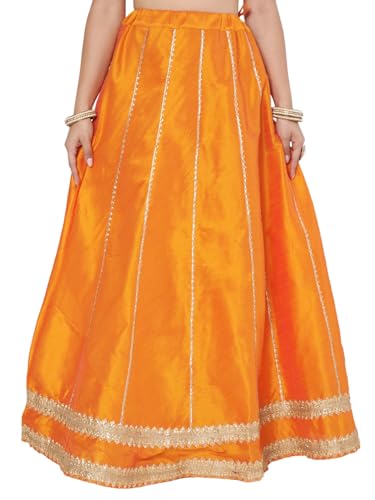 studio rasa Women's Dupion Kalidaar Embellished Bias Skirt for Festive Wedding Party (SKTC62413L_Orange_Large)