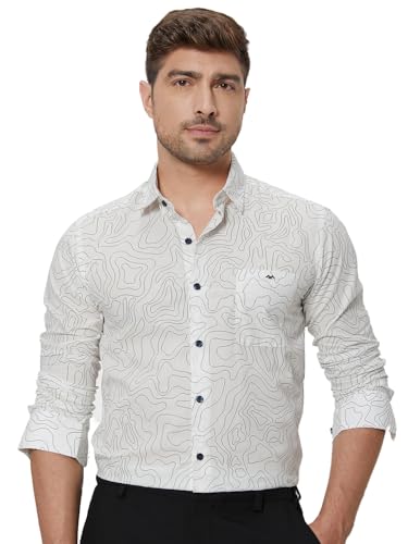 MUFTI Men Casual Shirt | Slim Fit Full Sleeve Point Collar Abstract Contour Line Print | 100% Cotton, Breathable Fabric for Everyday Wear & Smart Casual Outings| Bright White 6XL