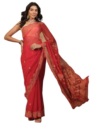 Ada Hand Embroidered Lucknowi Chikankari Georgette with Unstitched Blouse Piece for Women A311193 Red