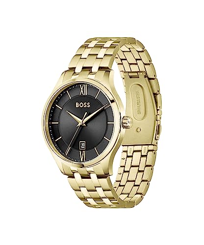 Hugo Boss Stainless Steel Elite Analog Black Dial Men Watch-1513897, Gold Band