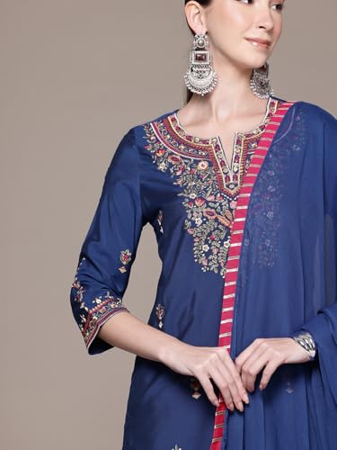 Aarke Ritu Kumar Blue Pearl Petal Solid 3/4Th Sleeve Kurta With Pant And Dupatta
