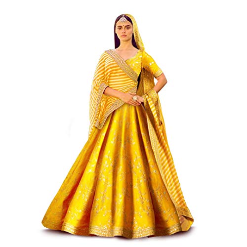 Zeel Clothing Yellow Floral Embroidered Art Silk Semi Stitched Lehenga Choli for Women (7025-Yellow-New-Wedding-Lehenga; Free)