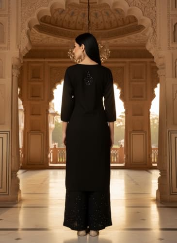 Fashion Chikan Art Women’s Lucknowi Rayon Mukaish Chikankari Straight Kurti & Palazzo Set | Hand-Embroidered Ethnic Wear | Festive & Casual Wear Kurta Set (S, Black)