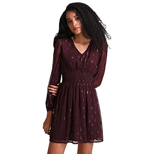 Kazo Abstract Polyester Blend V Neck Women's Mini Dress (Red,Medium)