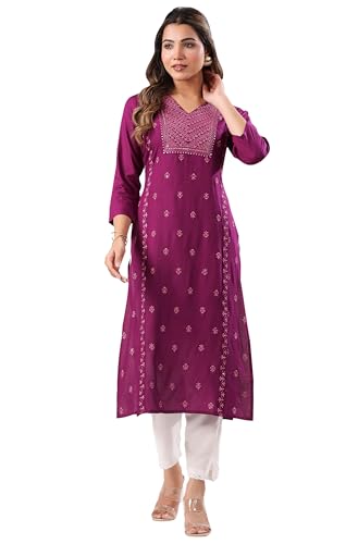 Janasya Women's Purple Rayon Embroidered Straight Kurta (JAA25KR01984-M)