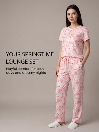 Sweet Dreams Women's Adorable Cartoon Bear Pajama Set, Short Sleeve T-Shirt and Long Pyjama Loungewear, All-Over Cute Character Print, Soft & Stretchy Fabric with Pocket, Two-Piece Sleepwear for Home