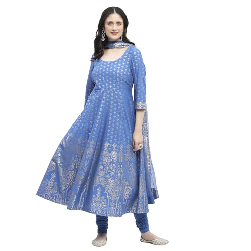 Biba Women Electric Blue Cotton Printed Anarkali Suit Set_44
