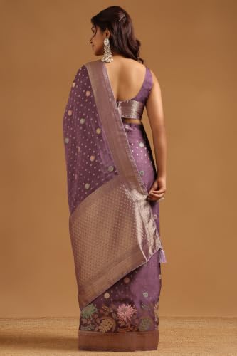 Soch Womens Lavender Satin Botanical Zari Woven Saree