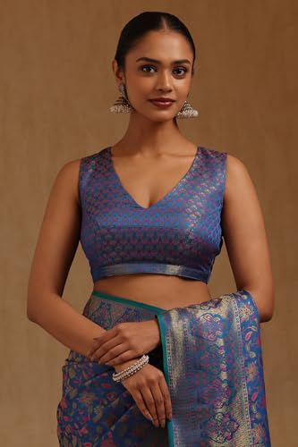 Soch Womens Blue Tussar Floral Woven Design Saree