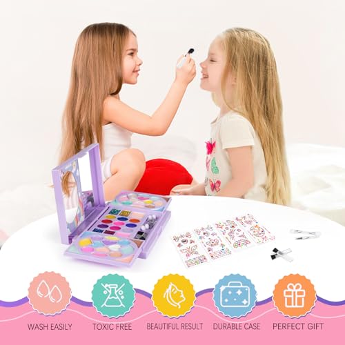 KIDCHEER Kids Makeup Kit for Girls Princess Real Washable Cosmetic Pretend Play Toys with Mirror - Non Toxic