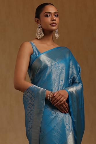 Soch Womens Turquoise Blue Georgette Floral Zari Woven Saree