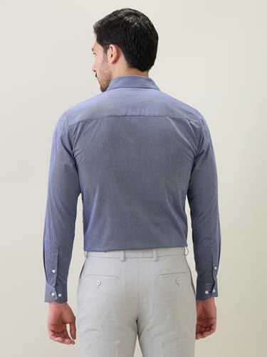 Raymond Men Regular Fit Stripe Pattern Pure Cotton Cut Away Collar Full Sleeve Formal Shirt Blue