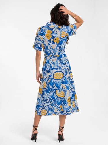 Max Women Printed Midi Dress with Belt (Blue_XS)