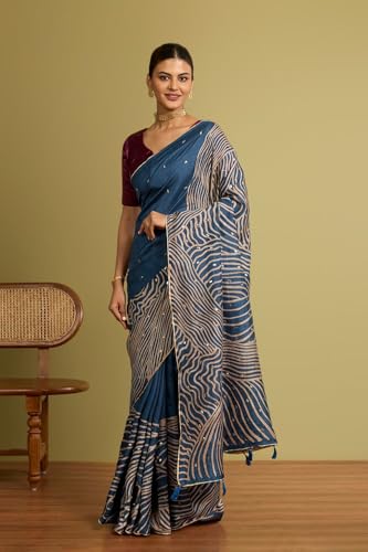 Taneira Women Dark Blue Murshidabad Block Print Pure Silk Saree with Unstitched Blouse Piece (SAIH01AC1467-Dark Blue)