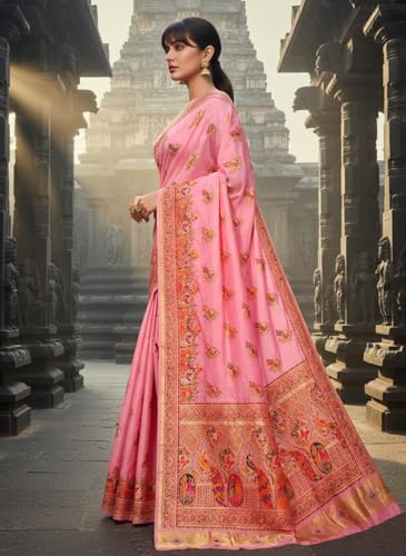 Glory Sarees Women's Pashmina Dola Silk Lagdi Patta Saree With Blouse Piece (Pashmina_Silk106_Pink)