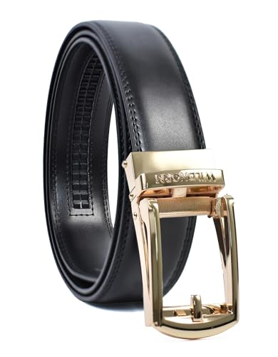 WildHorn Men’s Leather Belt Gift Set | Genuine Leather belt Strap with 2 Interchangeable Buckles | Formal & Casual Wear Adjustable Belt | Automatic lock leather belt for men (Gold & Silver)