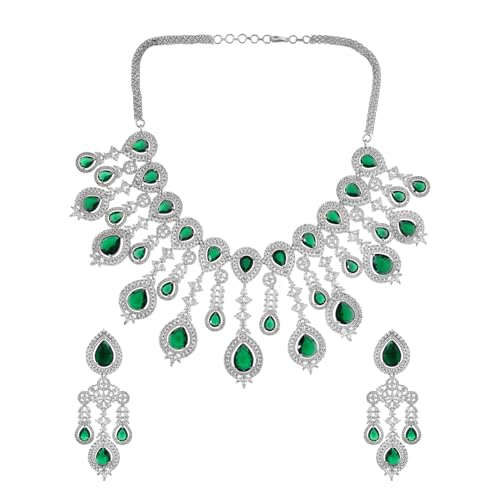 VOYLLA Sparkling Elegance Emerald Green Statement American Diamond Necklace Set|Collar Necklace Set For Women|American Diamond Necklace Set For Women|Gift For Her|Rakhi Gift For Sister|