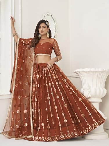 Zeel Clothing Womens Net Lehenga Choli Semi-Stitched Brown Wedding Bridal Free Size