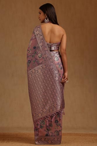 Soch Womens Lavender Chanderi Floral Zari Woven Saree