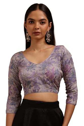 Soch Womens Lavender Organza Floral Print Padded Blouse with Zari