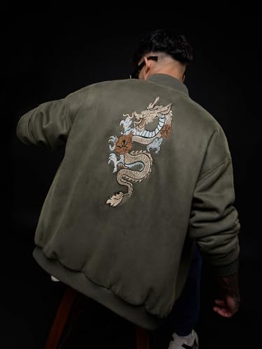 The Souled Store Dragon Men and Boys Full Sleeves Mock Collar Olive Green Embroidered Polyester Oversized Fit Lightweight Winter Streetwear Bomber Jacket
