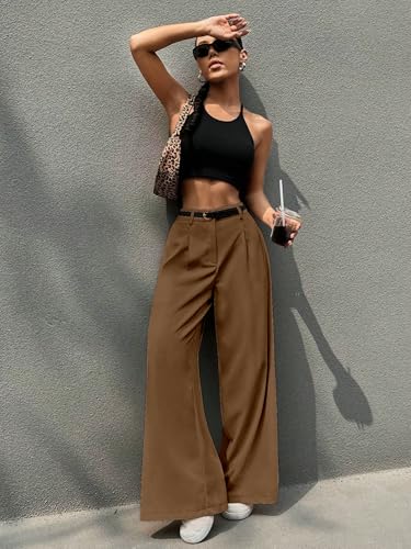 Aahwan Brown Solid High Waist Korean Loose Pleated Wide Leg Trouser for Women's & Girl's(296-Brown-36)
