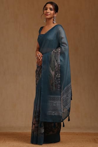 Soch Womens Teal Blue Chanderi Digital Print Saree