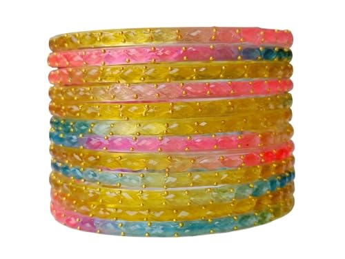 JPS 16 Pcs Trendy Stylish Raindrop Glass & Kashmiri Ghungroo Bangles Set for Women & Girls | Gold-Plated Traditional Festive Wedding Party Jewellery Chudi Set (12 Glass + 4 Metal) (Multi Super, 2-8 Combo)