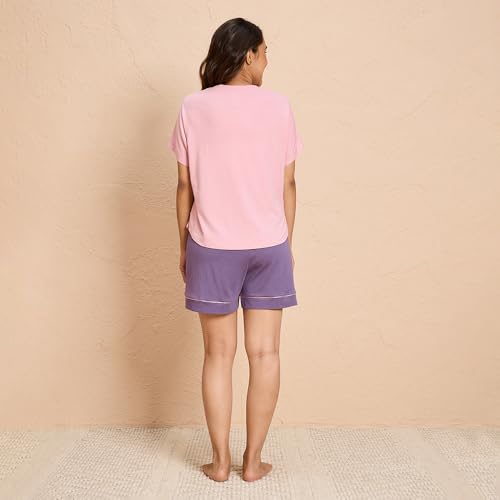 NYKD (NYS940 Soft Modal Cotton Coords Night Suit for Women | Relaxed Fit Round Neck T-Shirt with Extended Shoulder Sleeves & Shorts | Perfect for Sleep, Lounge & Everyday Wear - Pink