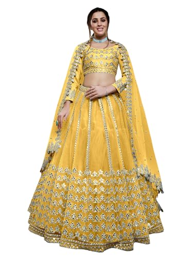 Zeel Clothing Women's Net Semi-stitched Foil Embroidered Lehenga Choli With Dupatta (5029-Yellow--Lehenga-Choli-Latest,Free size)