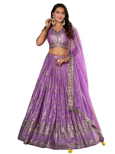 Zeel Clothing Women's Sequins Zari Embroidered Dola Silk Jacquard Lehenga Choli With Dupatta (7100-Women-Lehenga-Choli-Latest, Free size) (Lavender)