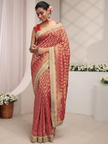 Libas Art bandhani floral woven Satin Saree For Women With Unstitched Blouse Piece | Traditional Saree For Festive & Wedding