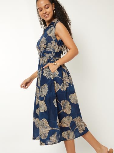 Max Women Printed A-line Midi Dress (Blue_XL)