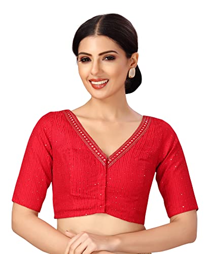 Studio Shringaar Women's Readymade Polyester Elbow Length Sleeves Saree Blouse with Mirror Work (Red, 46)