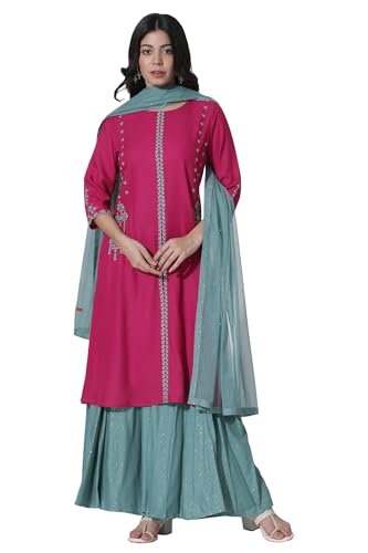 W for Woman Dark Pink A-line Embroidered Kurta, Culottes and Dupatta Set_24ONWS17951-217797_2XL