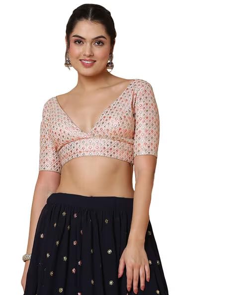 S SALWAR STUDIO Peach Georgette Embroidered Saree Blouse