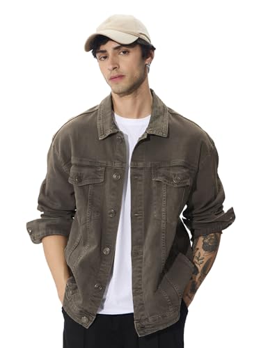 The Souled Store Stone Olive Men and Boys Long Sleeves Collared Neck Button Front Cotton Oversized Denim Jackets