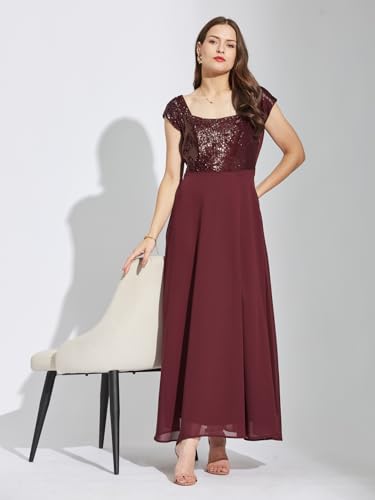 Latin Quarters Women Maroon Square Neck Cap Sleeves Solid Maxi Fit & Flare Dress L