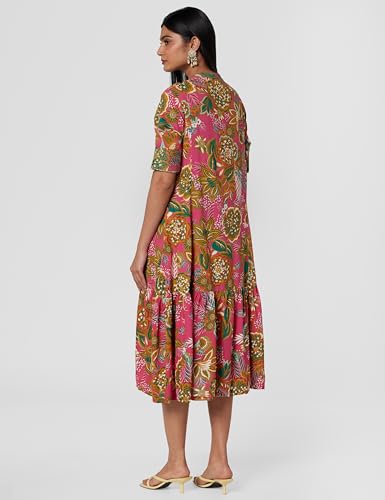 BIBA Women Printed Straight Calf Length Mix and Match Dress(Casual D2162_Fuchsia_40), 2XL