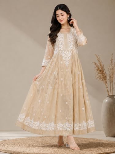 Chikankari Gown Beige Floral Embroidered Anarkali Size M