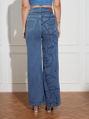 Miss Chase Women's Wide Leg High Rise Hand Painted Stretchable Denim Jeans (MCSS18DEN02-19-391-30, Hazy Blue, 30)