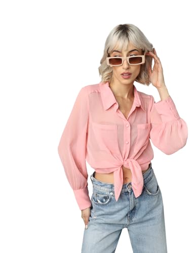 ONLY Women Solid Polyester Regular Fit Pink Shirt