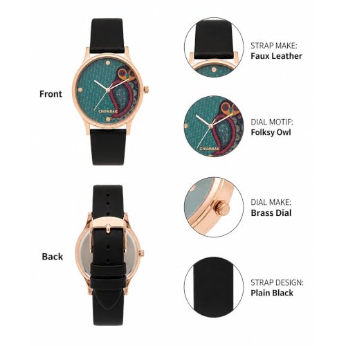 TEAL BY CHUMBAK Round Dial Analog Watch for Women,Folksy Owl Collection, Solid Vegan Leather Strap,Gifts for Women/Girls/Ladies,Stylish Fashion Watch for Casual/Work - Black