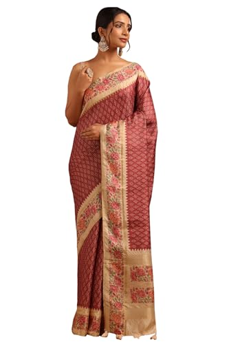 Soch Womens Deep Red Tussar Floral Saree With Zari Work
