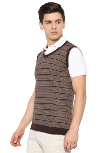 Louis Philippe Men Brown Stripe V Neck Sleeveless Sweater