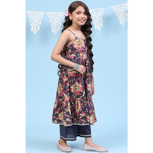 BIBA Girls Rayon Tiered Printed Suit Set (KW5027EAW22BLU_Blue