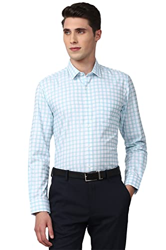 Peter England Men's Classic Checkered Formal Slim Fit Full Sleeve Shirt | Wonder Fabric | Cotton-Rich Light Blue