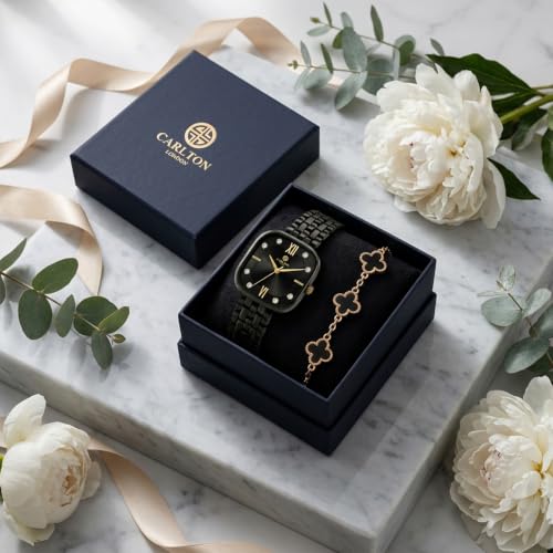 Carlton London Women’s Luxury Gift Set – Premium Square Black Dial Gold & Black Analog Watch and Four-Leaf Clover Charm Bracelet Combo Box | Ideal Anniversary, Birthday & Festive Gifting for Women