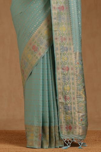 Soch Womens Turquoise Blue Silk Blend Zari Woven Saree With Zari Woven
