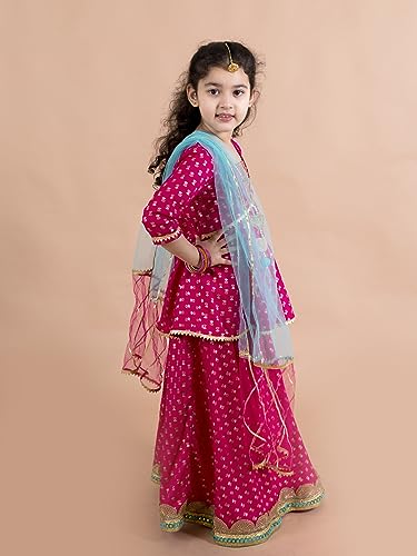 Pspeaches Cotton Girls Magenta Blue Printed Ready To Wear Readymade Lehenga Set (Pink-10-12Y), 10 Years-12 Years